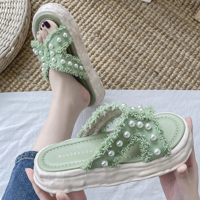 

Slippers Casual Summer Women's Shoes Med Slides Pantofle Platform String Bead Luxury 2022 Flat Rubber PU Cotton Fabric Fashion