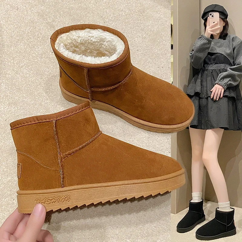 

Женские ботильоны, новинка зимы 2024, модная плюшевая обувь с круглым носком, повседневные теплые ботинки на платформе для снега, женские ботинки