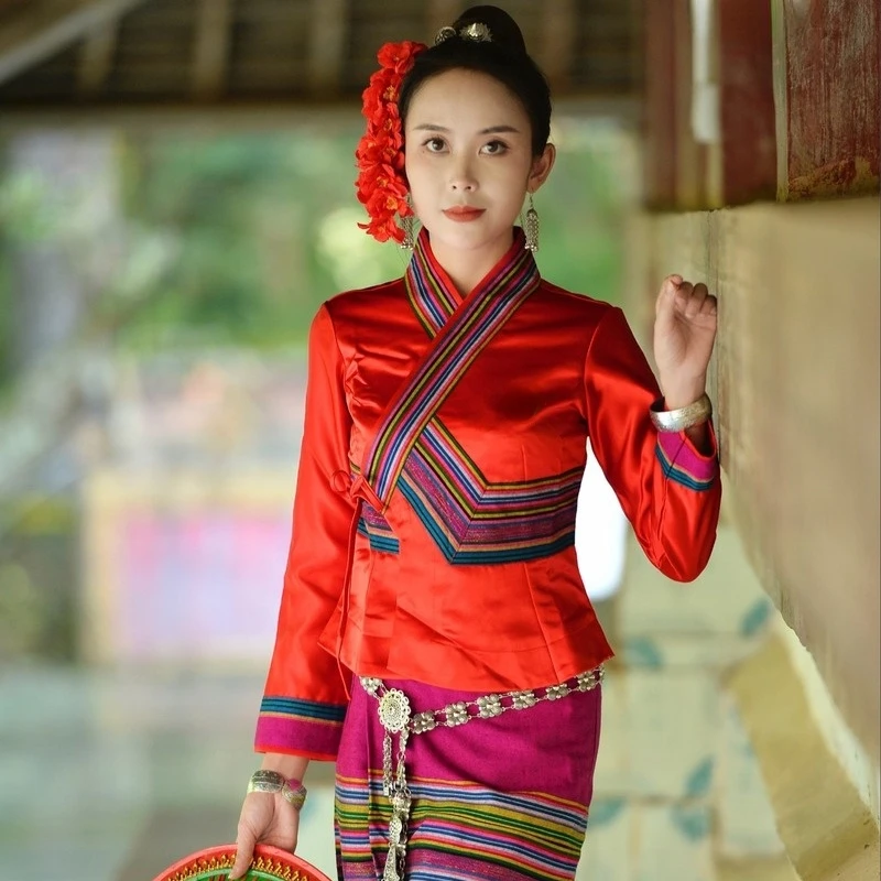 Thai Dai Traditional Clothing Women's Blouse Lace-up Pha Sin Tube Long Skirt Spring Autumn Long Sleeve Red Retro Slanted Lapel