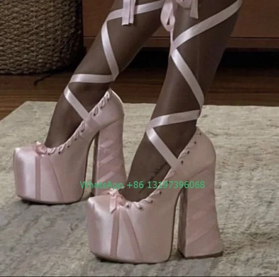 Женские Розовые атласные туфли на шнуровке Туфли Мэри Джейн платформе и высоком