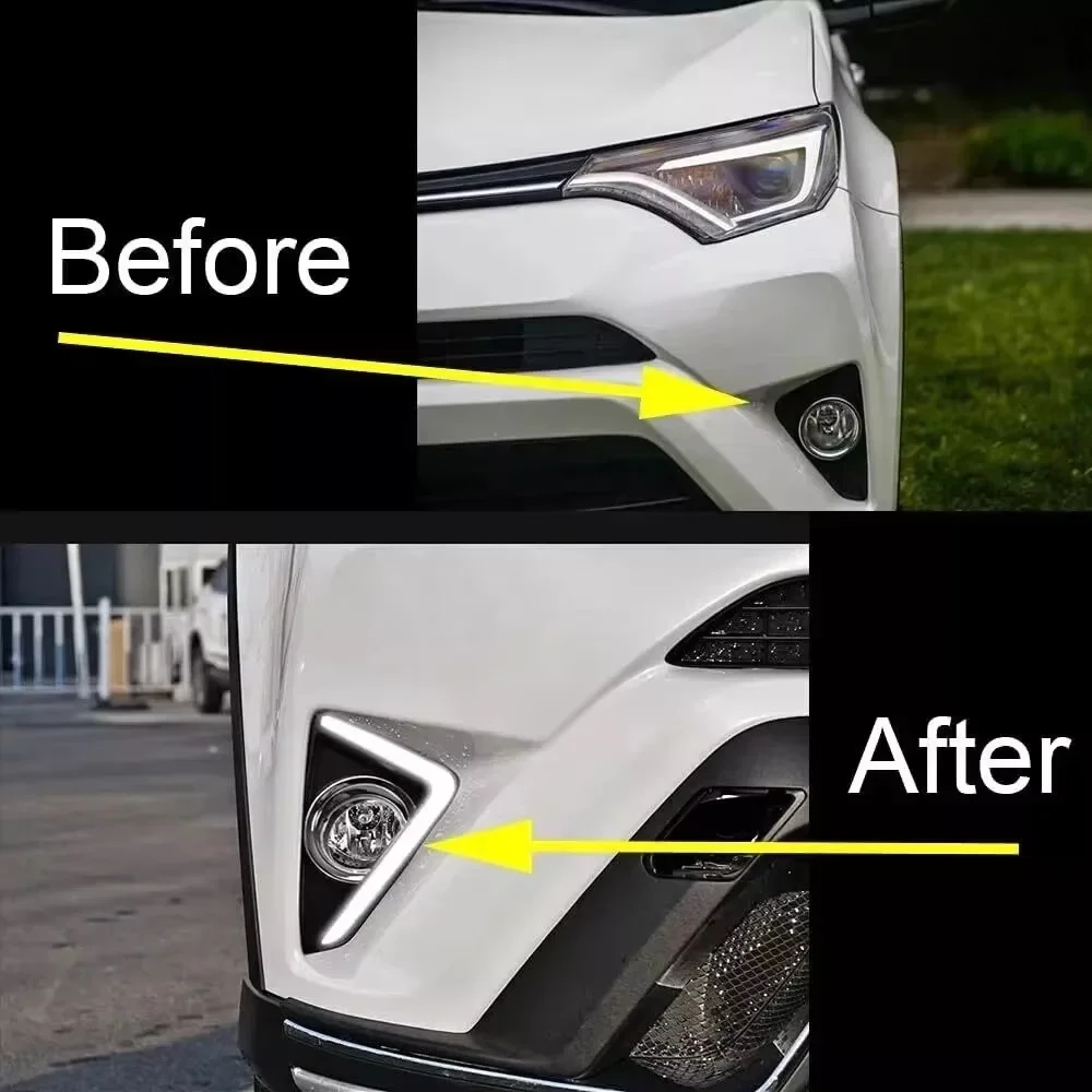 Фото Двухцветные светодиодные дневные ходовые огни для Toyota RAV4 2016, 2017, 2018, тип с крышкой для противотуманных фар, аксессуары для автомобиля DRL №2