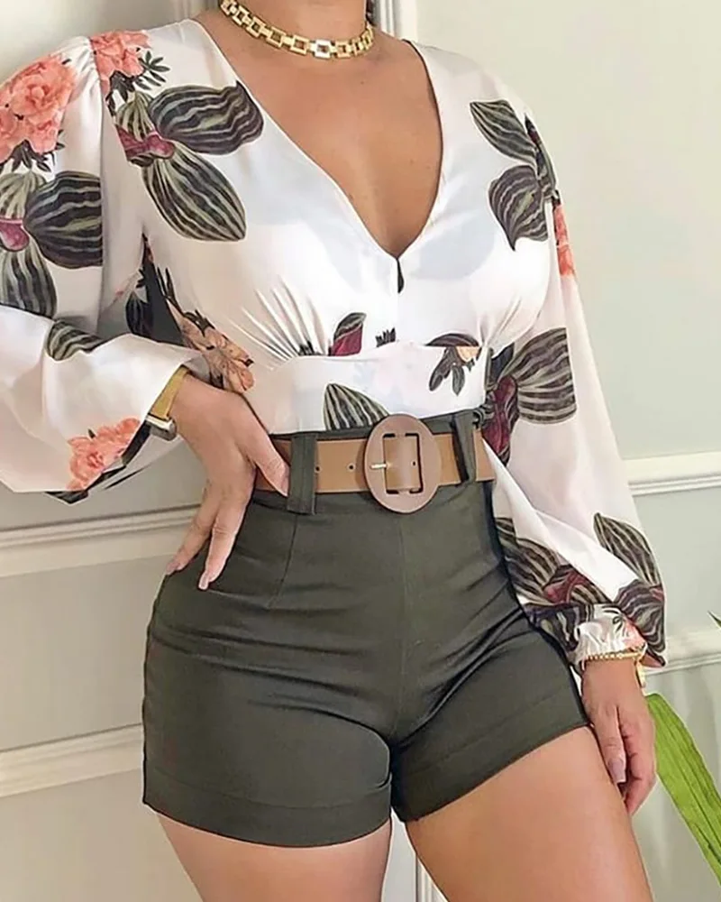 

Women 2023 New Spring Summer Long Sleeve V Neck Blouse Top High Waist Shorts Pants Floral Flower Sexy Fashion Clothes Set