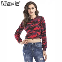 vm fashion kiss 2022 new spring and autumn camouflage short section navel long sleeved womens top round neck t shirt