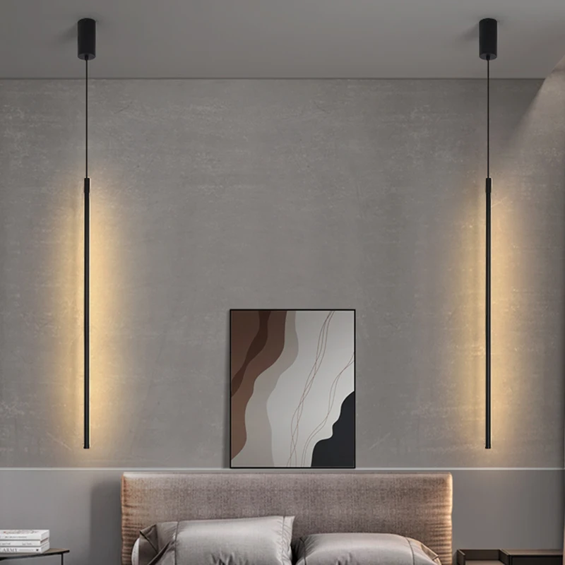 Long Tube LED Pendant Lamps For Bedroom Bedside Illuminaire 60/80/100/120cm Gold Black High Ceiling Hanging Light AC 85-265V