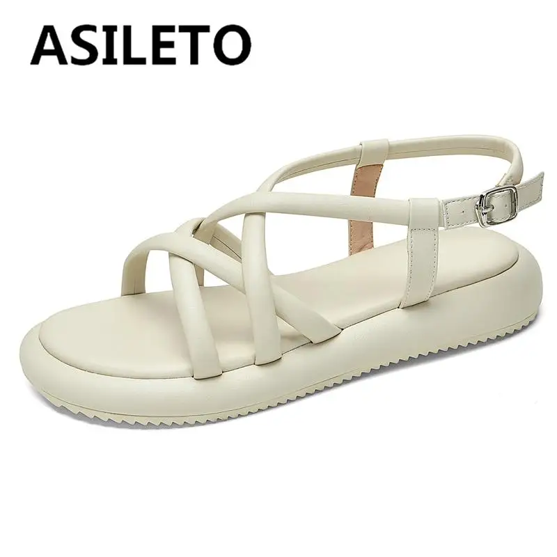 

ASILETO Soft PU Leather Women Sandals Round Toe Thick Heels Buckle Crossover Strap Plus Size 32-42 Solid Concise Daily S3945