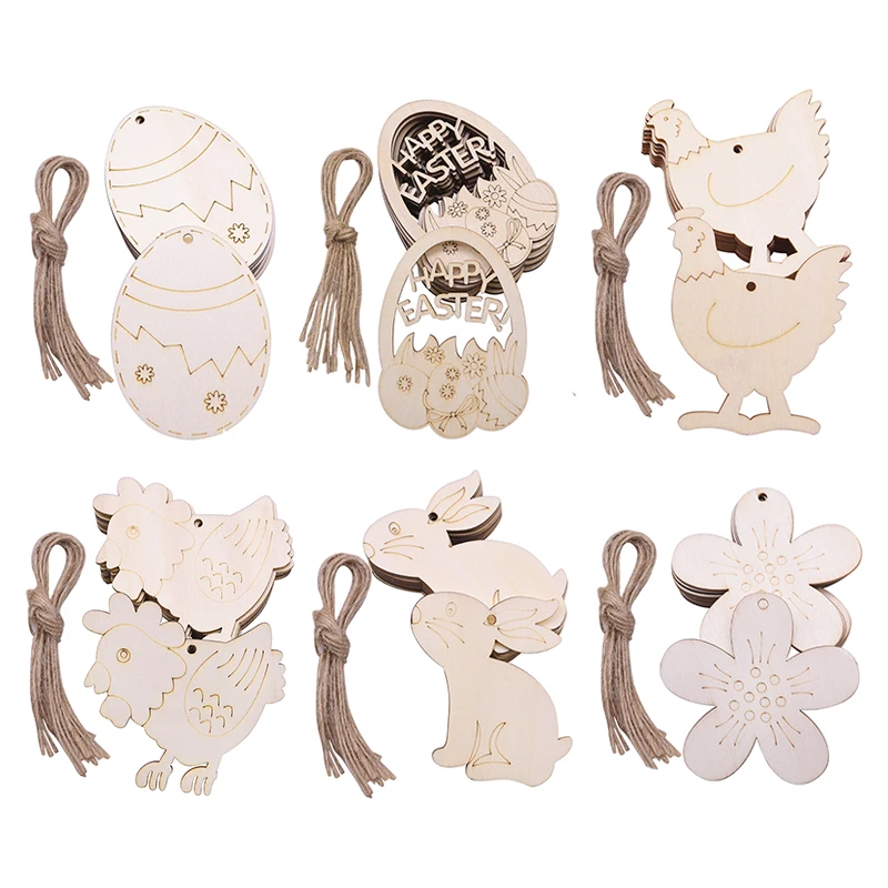 

10pcs Happy Easter Rabbit Eggs Wood Chips with Hemp Rope Bunny Chick Wooden Craft Easter Decoration for Home Party Hanging Decor