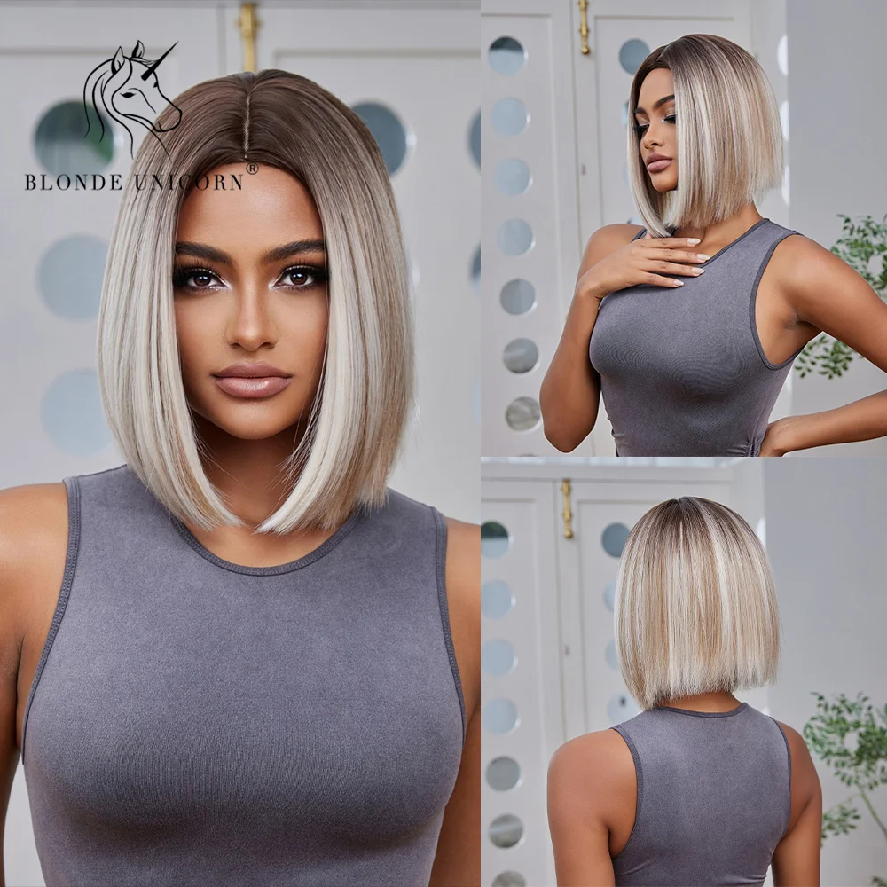 

Blonde Unicorn Ombre Brown Blonde Synthetic Short Bob Wig no Bangs for Women Daily Party Cosplay Wigs Heat Resistant Fiber Hair
