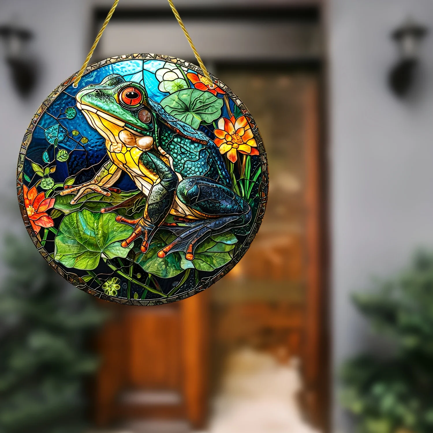 Żaba na liściach lotosu łapacze słońca w stylu vintage witraż wiszące okno prezent dla rodziny przyjaciół wystrój drzwi kolorowa sztuka