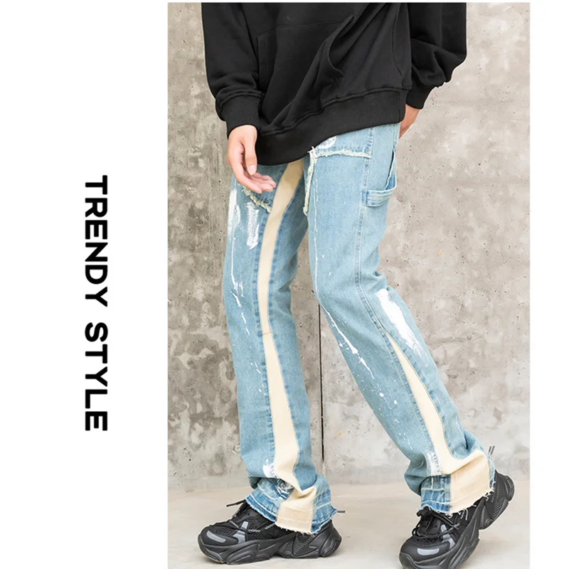 Streetwear Men 2022 New Speckle Graffiti Splicing Casual Jeans Personality Sense of Design Drawstring Trousers Autumn Female