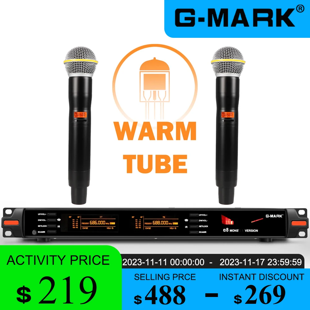 

Трубчатый беспроводной микрофон G-MARK α8, профессиональный UHF электронный клапан, микрофон для караоке для сцены, церкви вечерние, шоу
