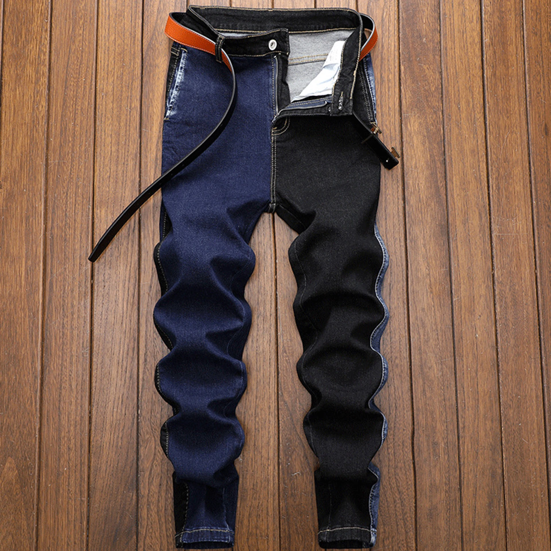 New Men Pants Slim Stretch Small Feet Jeans Personalized Black + Blue Color Matching High-Quality Jeans Daily Casual Sports Wear