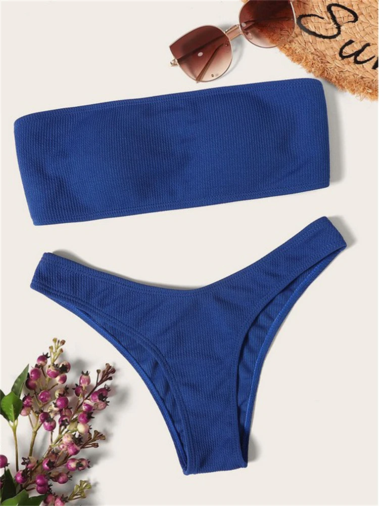 

Женский купальник-бикини, новинка 2023, однотонный бандо, комплект бикини в рубчик, стринги, купальник, сексуальное летнее бикини, пляжная одежда, женский купальный костюм