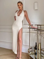 elegant halter high slit white bodycon maxi dress for women summer 2022 sexy v neck backless party club dresses ladies vestidos