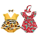 Летняя одежда для малышей, комбинезоны для новорожденных девочек с подсолнухами и кружевом, комбинезоны в полоску, комбинезоны без рукавов, комбинезон с повязкой на голову