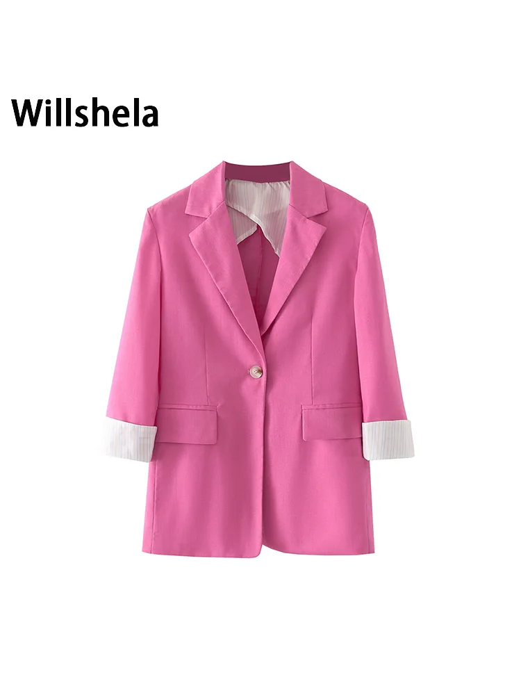 

Willshela Women Fashion With Pockets Solid Single Button Blazer Vintage Notched Neck Long Sleeves Female Chic Lady Coats