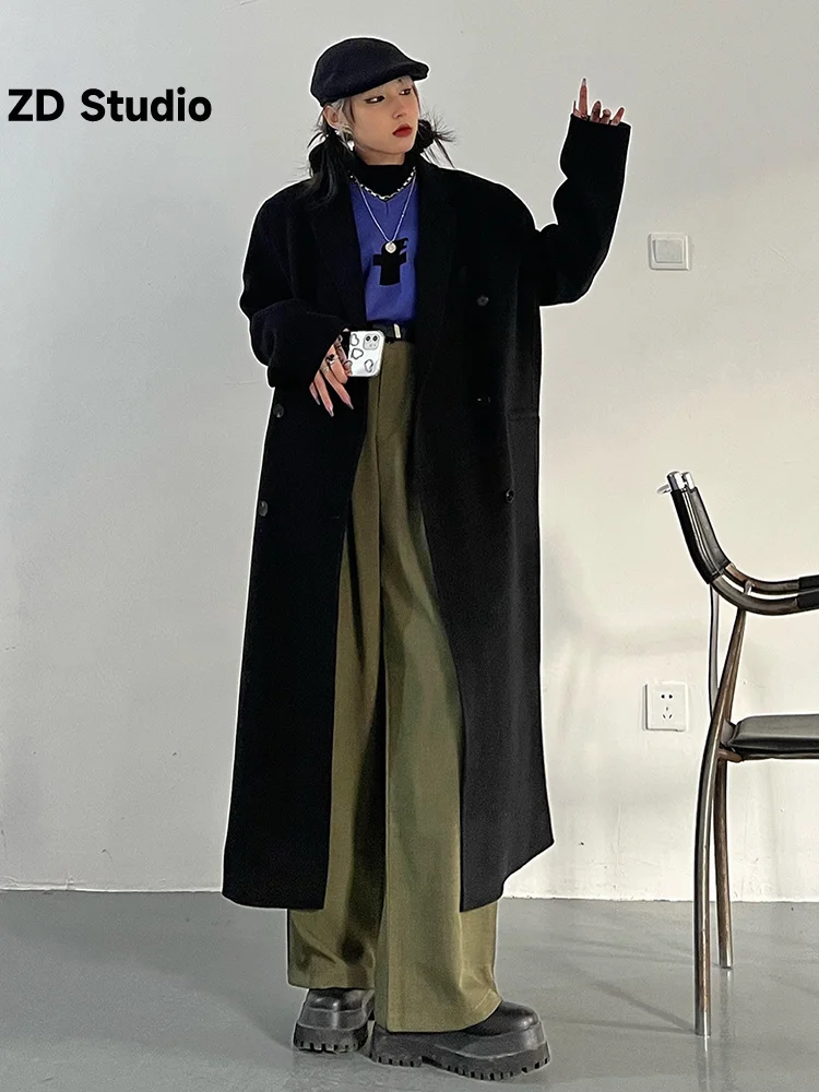 

[ZD Studio] Loose Fit Black Thick Size Long Woolen Coat Parkas New Long Sleeve Women Fashion Tide Autumn Winter 2023 1DF0215
