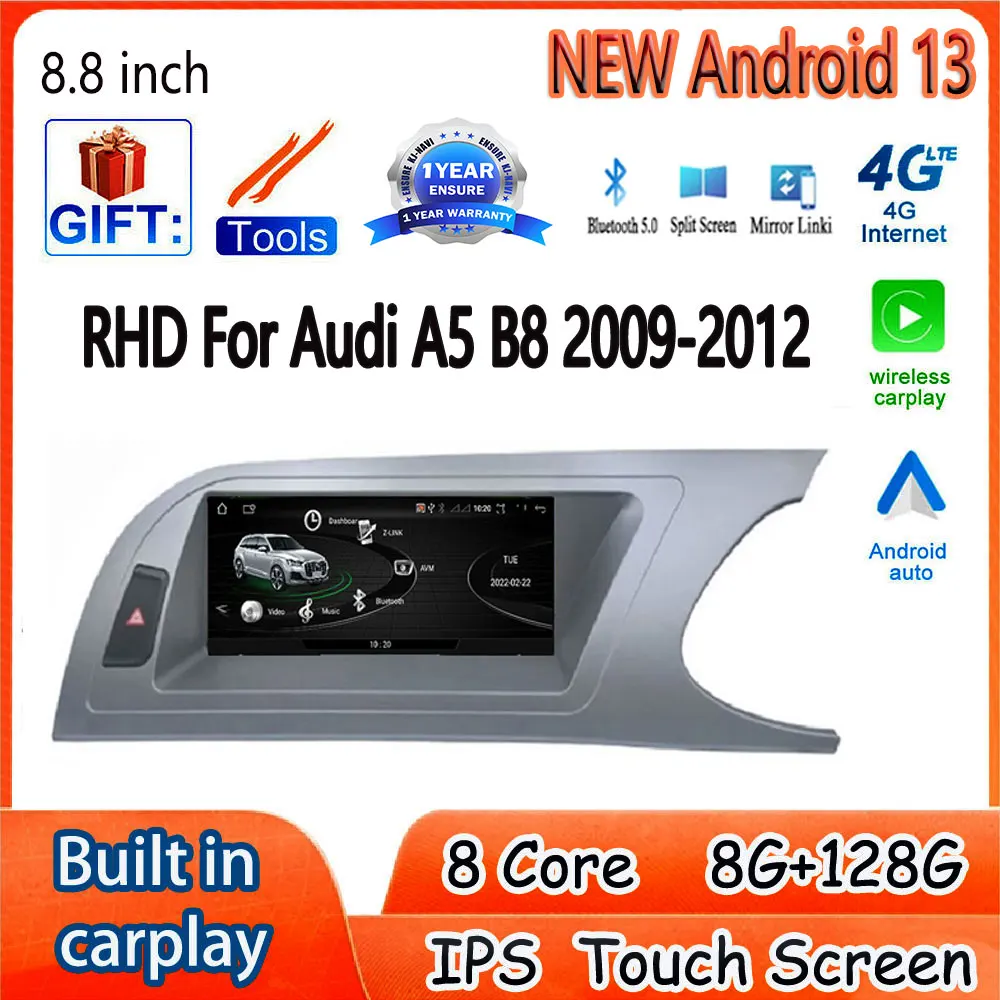 

RHD Stereo Radio 8.8 Inch For Audi A5 B8 2009-2012 GPS Navigation Carplay Car Accessories Multimedia Player Android 13 Monitors