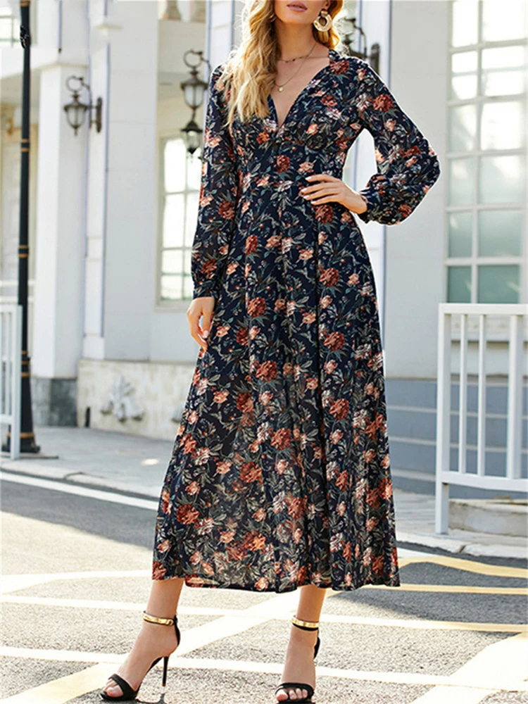 

Vintage Spring Female Floral Print Slim Long Dress Deep V Neck Long Sleeve Summer Dress Bohemian Beach Party Vestidos Robe Y2k