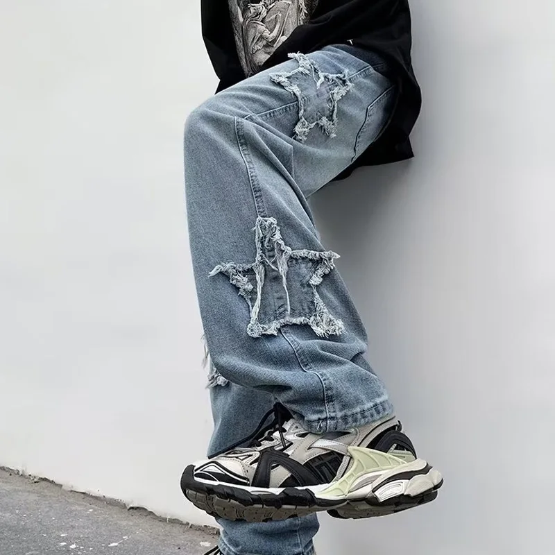 Fashion Stars Towel Embroidery Brown Baggy Men Jeans Pants Y2K Male Clothes Straight Bottoms Hip Hop Trousers Streetwear