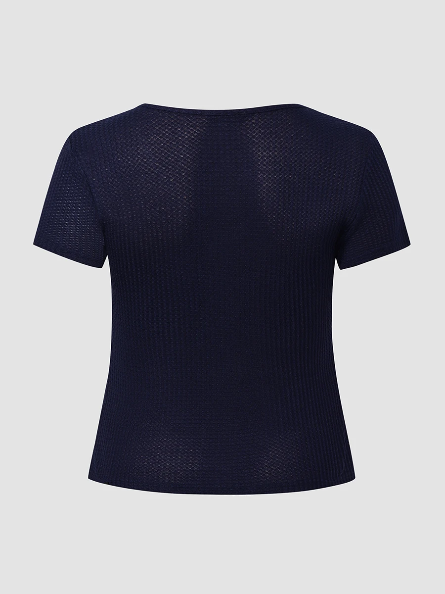 Finjani Plus Size Button Placket V-Neck Knit Tee For Women 2022 Summer Solid Top