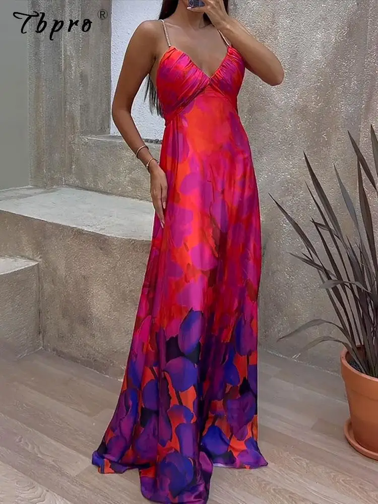 

Женское длинное платье с цветочным принтом, длинное платье контрастных цветов с открытой спиной и V-образным вырезом, 2023
