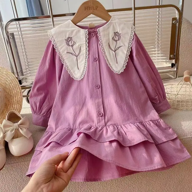 

Платье для маленьких девочек, повседневная одежда, Новинка лета 2023, детское платье принцессы в Корейском стиле из хлопка и льна, платье с большим отложным воротником