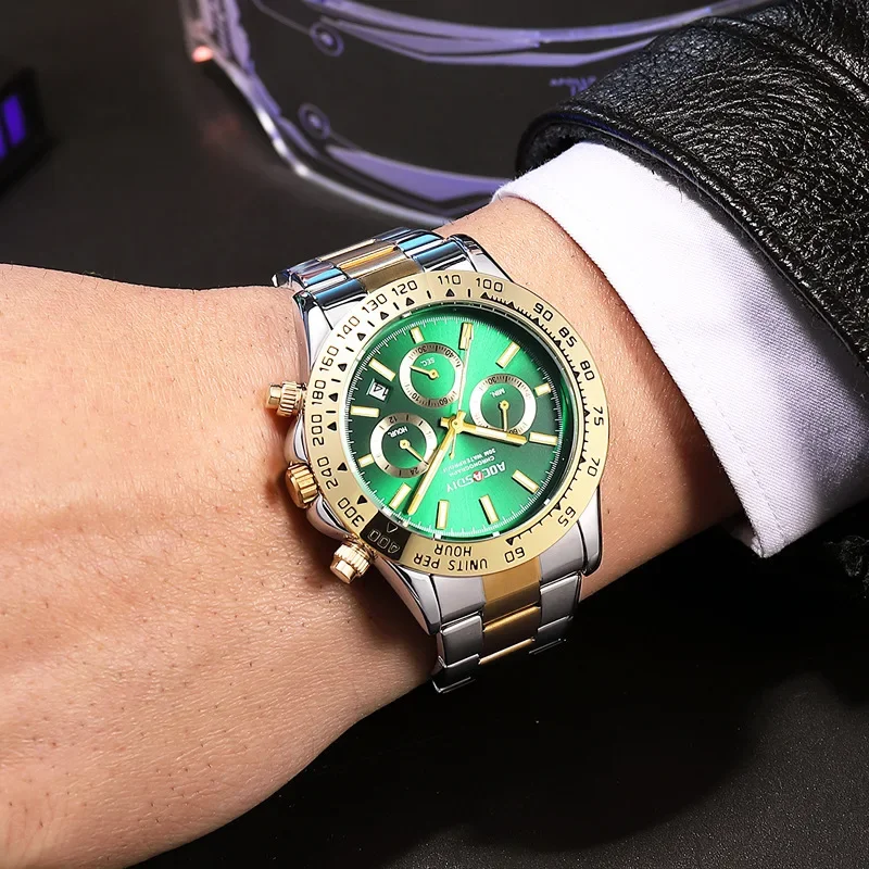 Модные золотые часы с ночным светом и календарем кварцевые для мужчин элитные