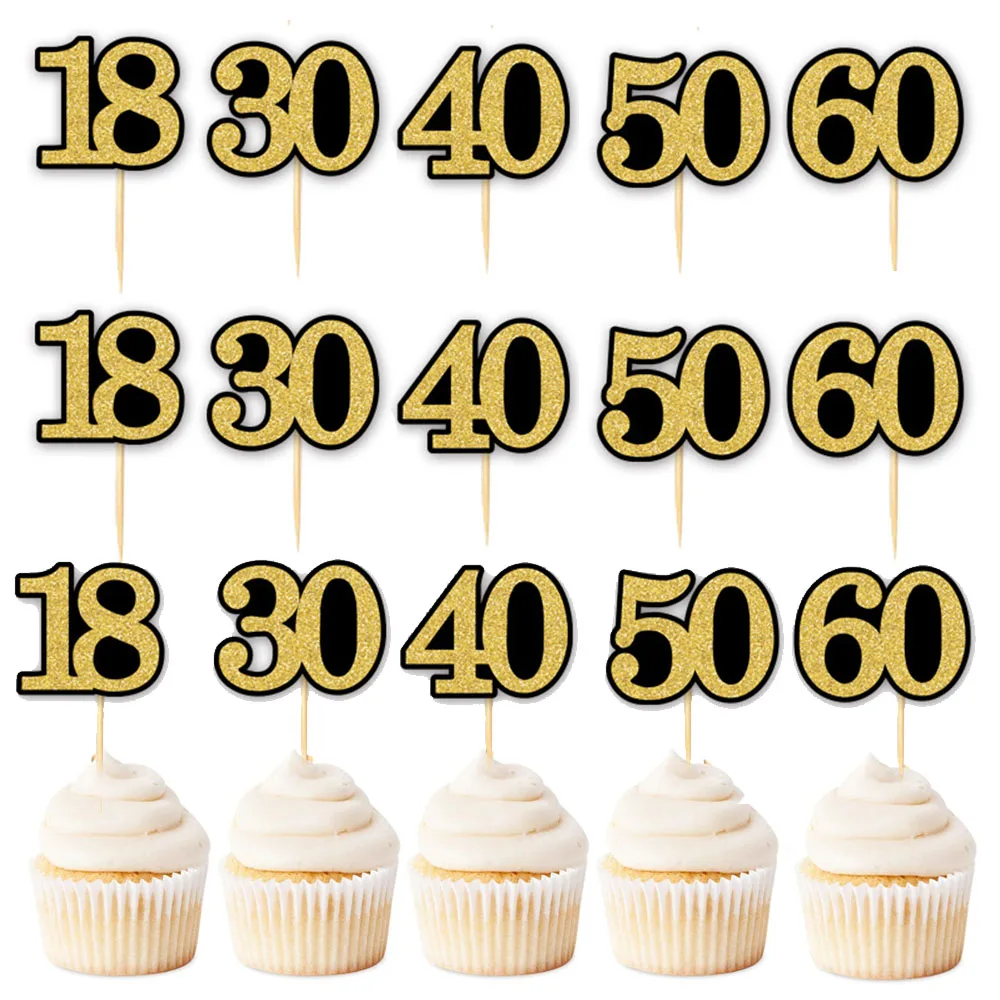 Топперы для капкейков из черного золота 12 шт. 18/30/40/50/60 декор вечеринки в честь Дня