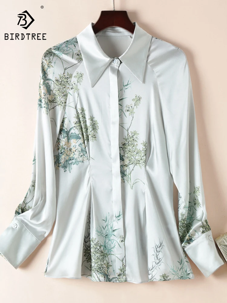 

Birdtree 100%Mulberry Silk Elegant Blouses 2023 Summer New Fashion Printed Shirts Turn-down Collar Long Sleeve Tops T37748QC