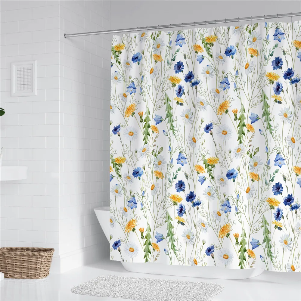 

Floral Shower Curtain with Botanical Flowers and Plants for Bathroom Green Leaf and Colorful Wildflowers Bath Curtain with Hooks