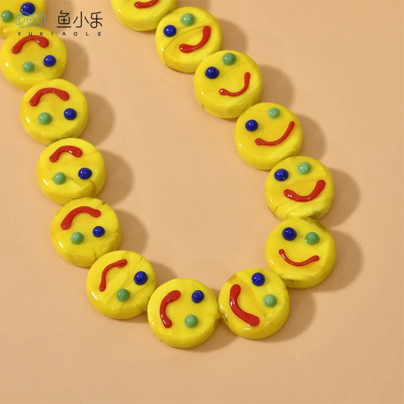 Children's Cute Glass Flower Smiley Face Straight Hole Flat round Beads DIY Bracelet Necklace Ear Rings Beaded Accessories