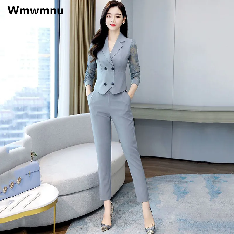 

Office 2 Piece Sets Women Silm Long Sleeve Top Blazer Ensemble High Waist Ankle-length Pencil Pants Outfits Suit Conjunto