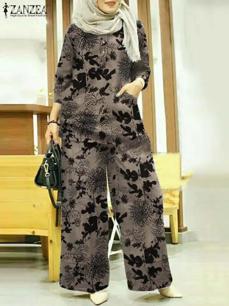 

Vintage Women Summer Pants Sets ZANZEA Casual 3/4 Sleeve Blouse Trousers Suits Islamic Clothing Floral Printed Muslim Sets 2PCS
