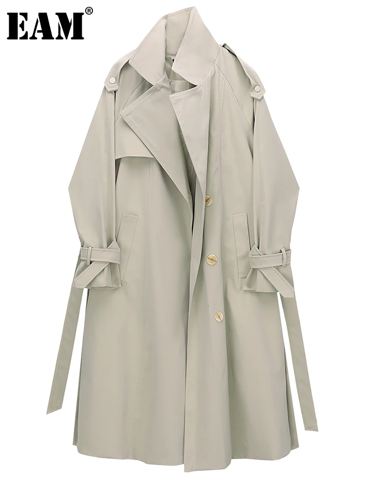 

[EAM] Women Apricot Belted Big Size Trench New Lapel Long Sleeve Loose Fit Windbreaker Fashion Tide Spring Autumn 2023 1DE6483