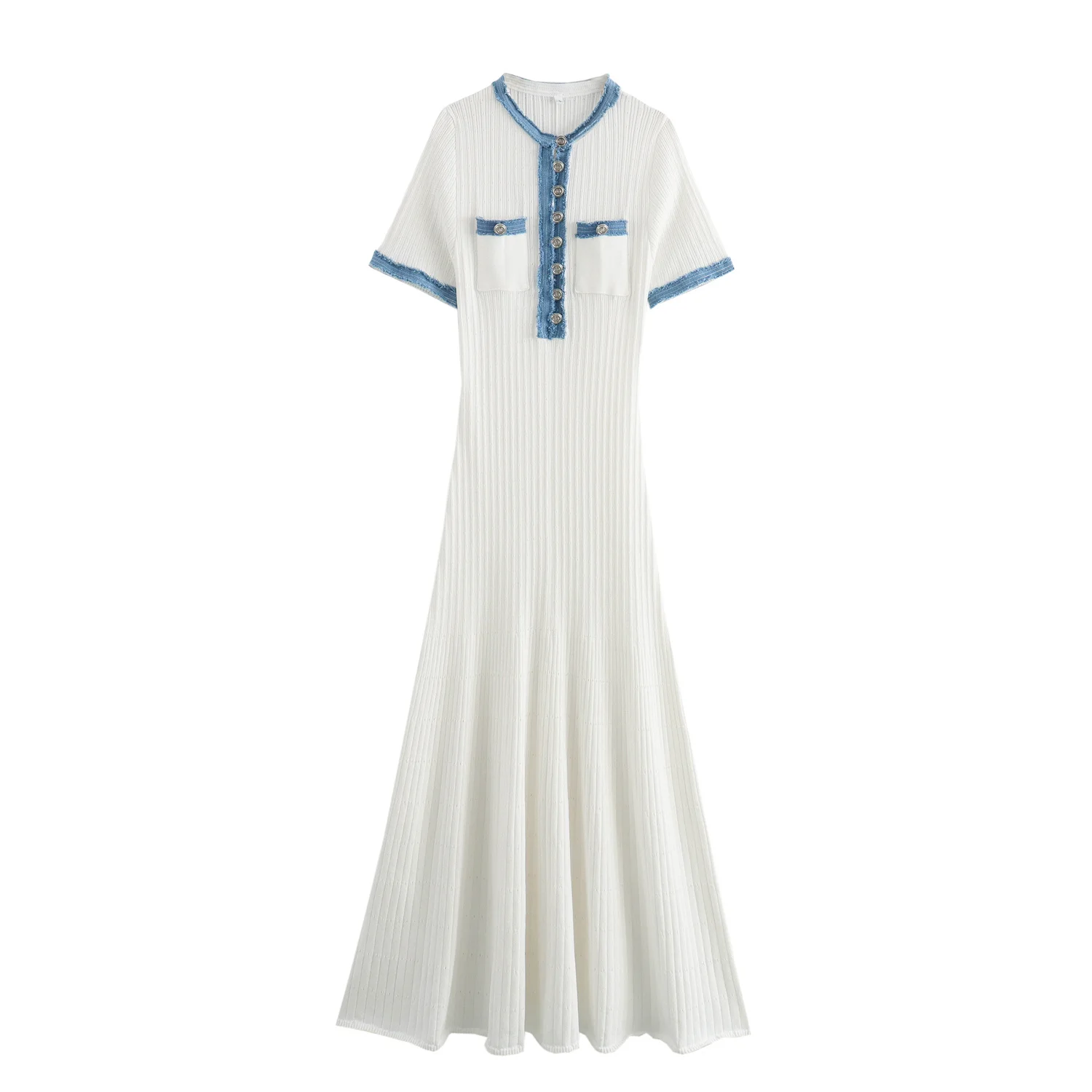 Женское джинсовое платье в стиле пэчворк однобортное длинное трикотажное с