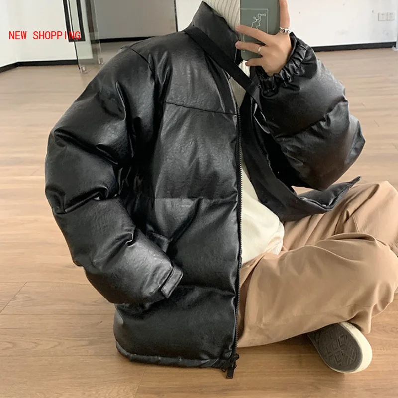 High-Quality Warm PU Leather Oversize Paka New 2022 Autumn Winter Men Jackets Loose Puffer Parkas Short Coat Man Overcoat Black