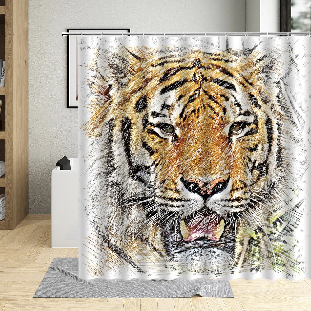 

Tiger Cute Forest Animal Wood Pattern Shower Curtain Waterproof Polyester Fabric Bathroom Curtains for Home Decor with Hooks