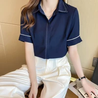 summer chiffon shirt women short sleeved solid deep blue niche elegant office ladies shirt work wear white shirt summer 2022