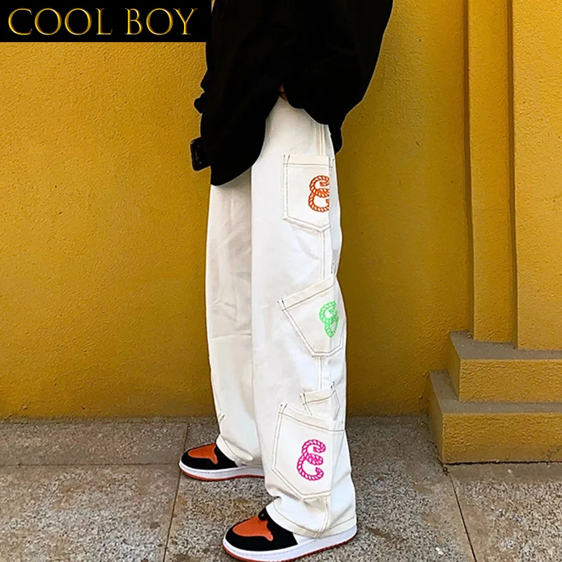 

E BOY Retro Pocket Letter Print Straight Cargo Pants Men and Women Oversize Jeans Trousers Harajuku Streetwear Casual Pants