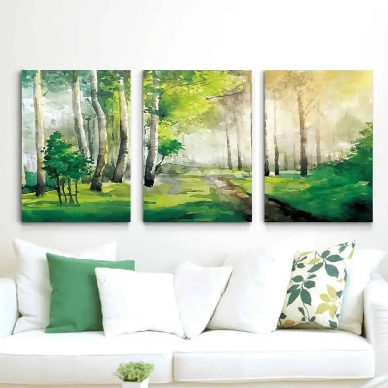 

Nordic Art Decor Poster Watercolor Painting Green Forest Nature Landscape Canvas Print Living Room Corridor Interior Home Decor