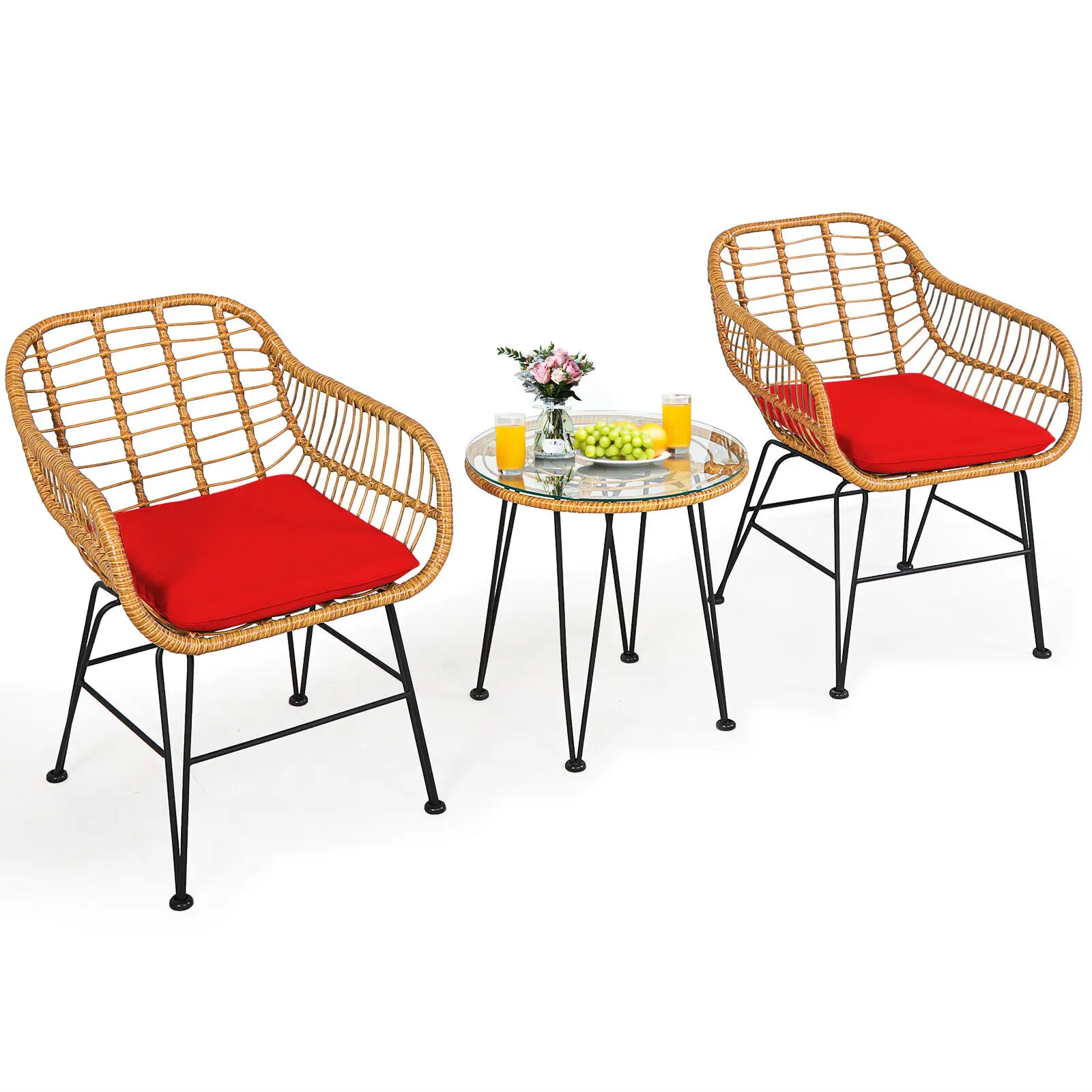 

Комплект Мебели Для бистро Patiojoy из 3 предметов из ротанга для патио, мягкий стул, красный стол