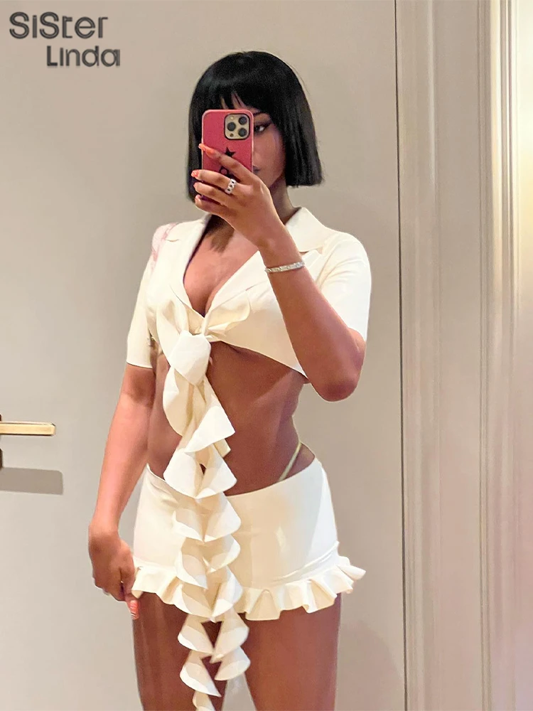 

Sisterlinda Ruffles Tassel Chic 2 Piece Set Women Short Sleeve Lace Up Crop Top+Ruffles Mini Skirts Female Matching Outfits 2023