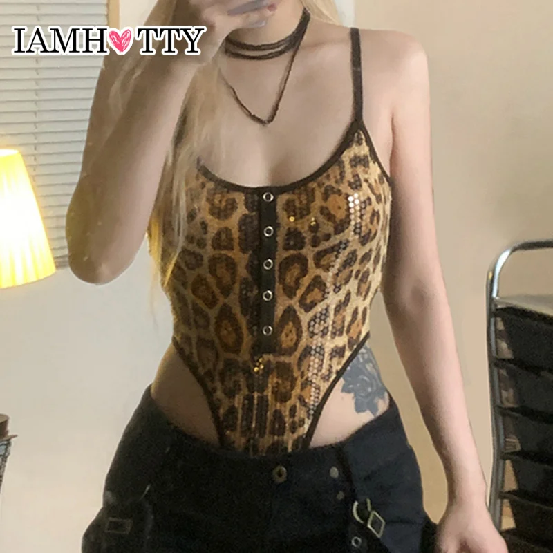 IAMHOTTY боди с леопардовым принтом и блестками женские сексуальные однобортные