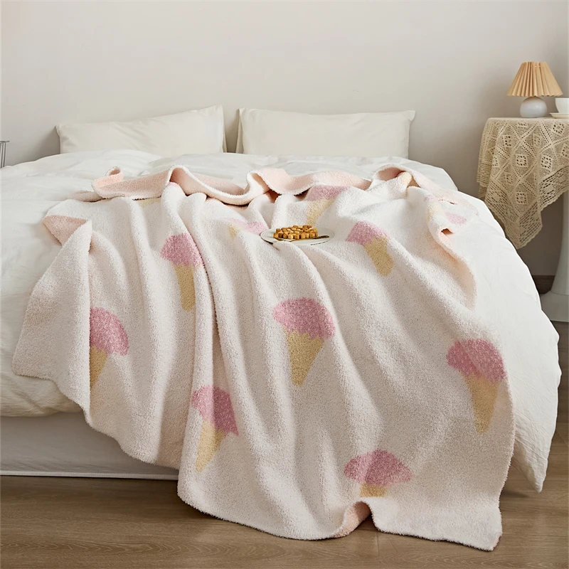 

REGINA Kawaii Ice Cream Jacquard Blanket Soft Cozy Fluffy Downy Furry Fur Microfiber Knitted Throw Blanket For Sofa Bed Armchair