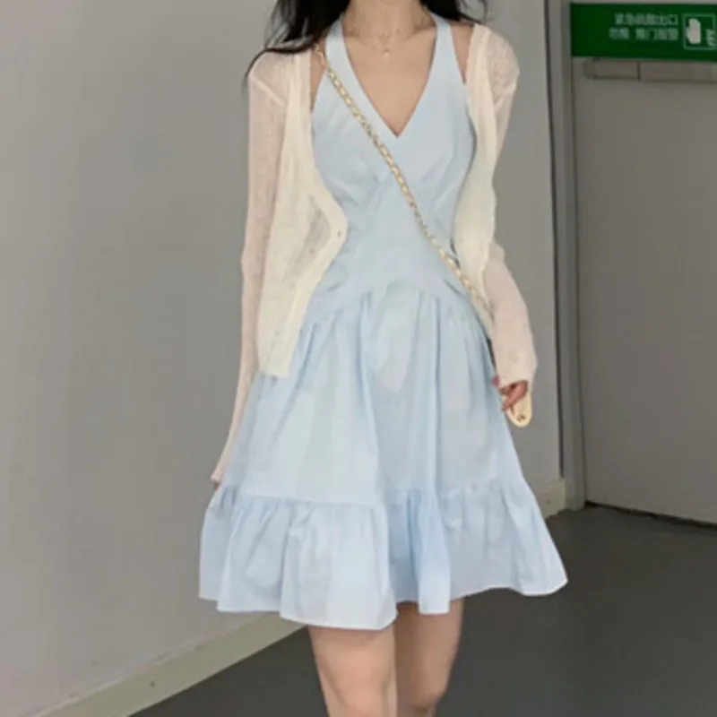 

One Piece Dress Waist Closed White Milk Blue Suspender Dress Dresses For Women 2022 Knitted Cardigan Solid Color Dress Two-piece