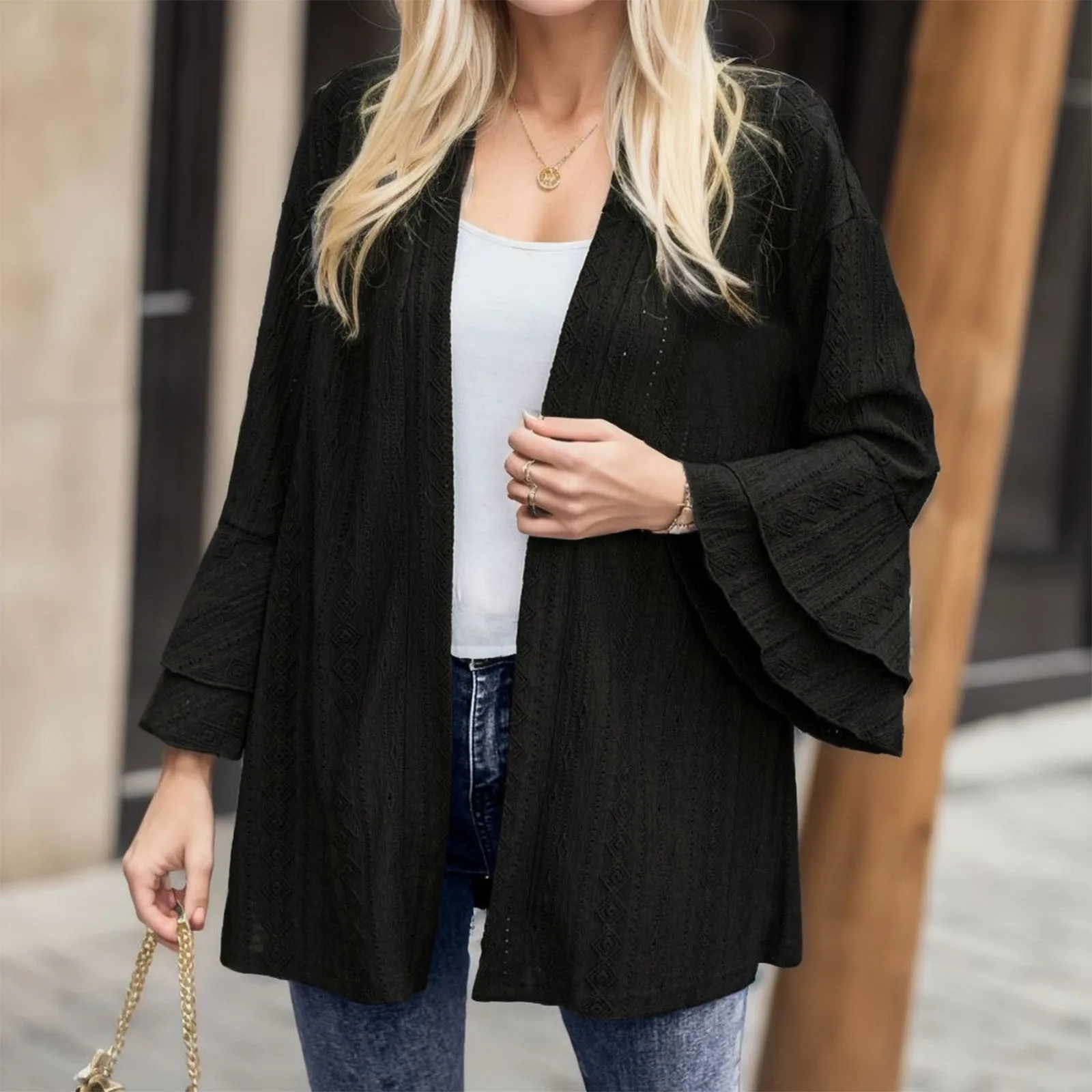 

Women Knitted Jacquard Cardigan Solid Color Long Flare Sleeve Coat Loose Tops Female Textured Ruffle Outwear Autumn Winter