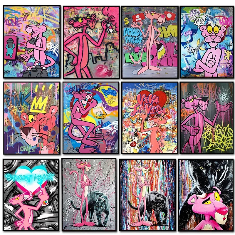 Картина на холсте с изображением розовой Пантеры граффити красочные плакаты и