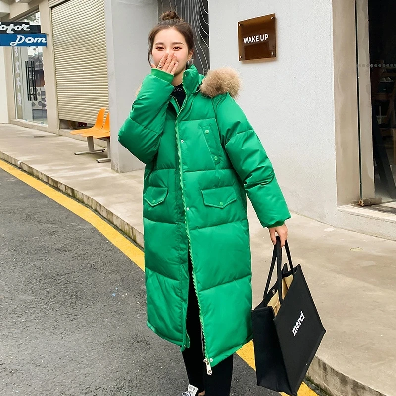 

Women Winter Jacket Hooded Fur Collar Parkas 2023 Down Cotton Parka Female Casual Solid Big Pocket Loose Long Puffer Coat Outwea