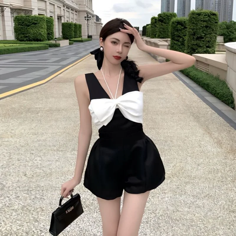 

WDMSNA Detachable Pearl Necklace Bow Temperament Bud Black White Rompers Women Summer Sleeveless Vest Playsuits Korean Jumpsuits