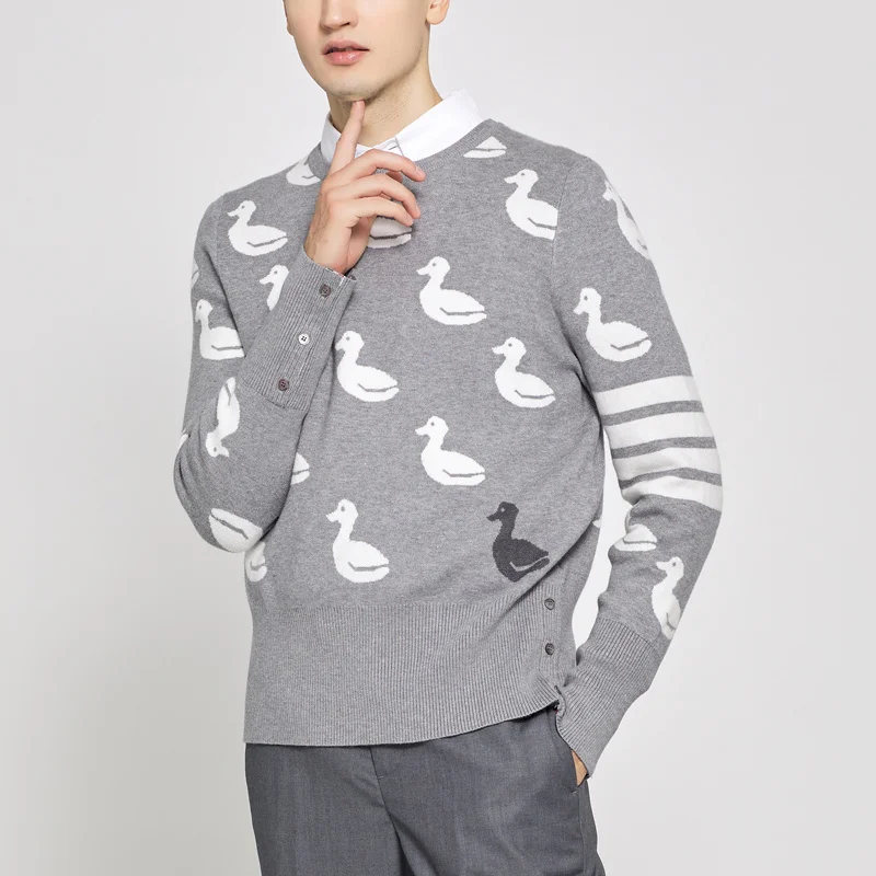TB THOM Ducks Designs Sweater Men Women Casual Knitted Sweatshirts Lovers Tide Brand High Street 4-Bar Stripe O-Neck Pullovers